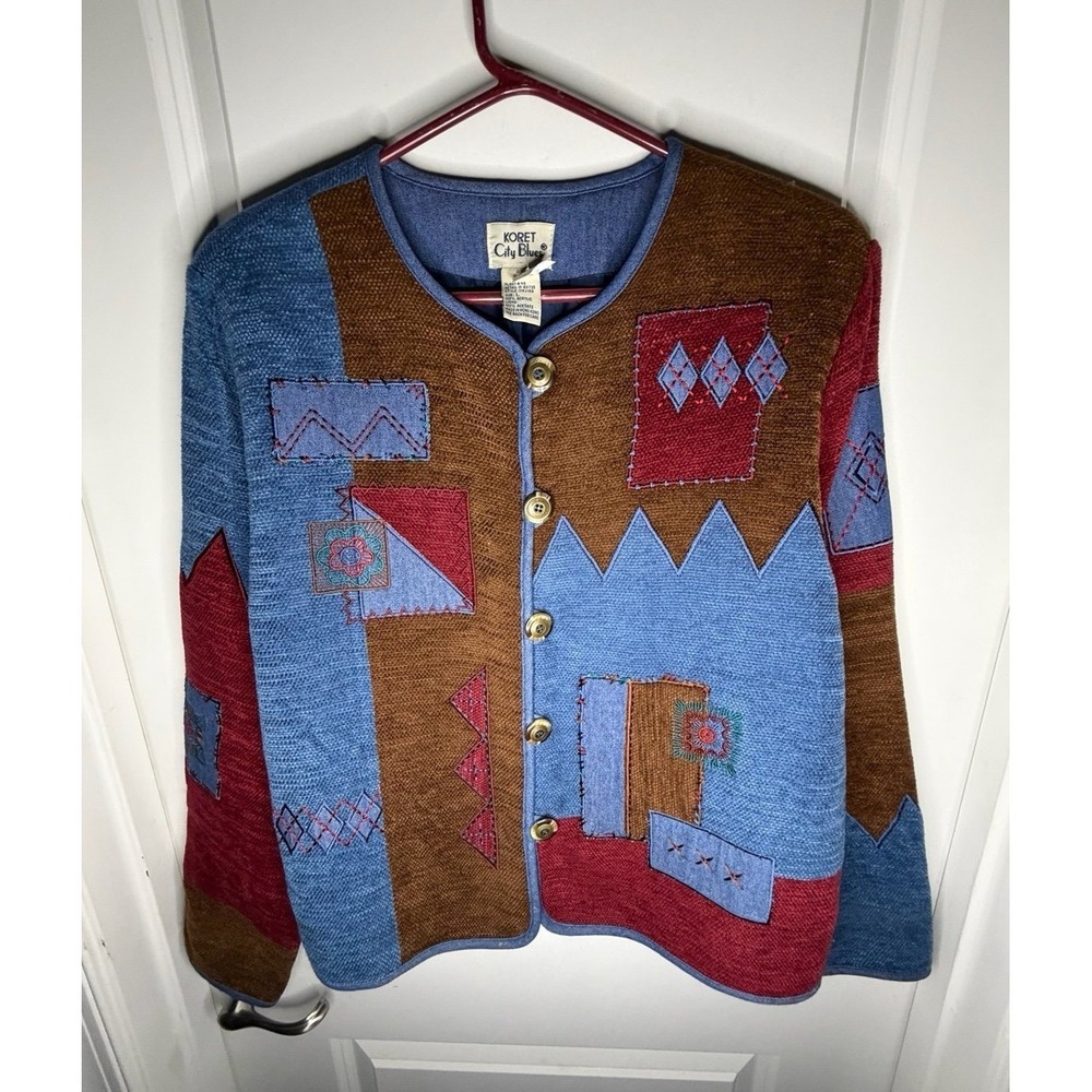 Vintage 90's Koret City Blues Patchwork‎ Abstract Cardigan Sweater Women's Large